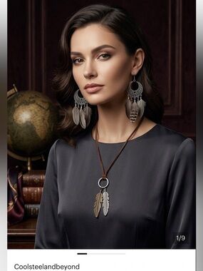 COOLSTEELANDBEYOND Retro Style Feather Pendant Necklace & earrings  Leather Cord